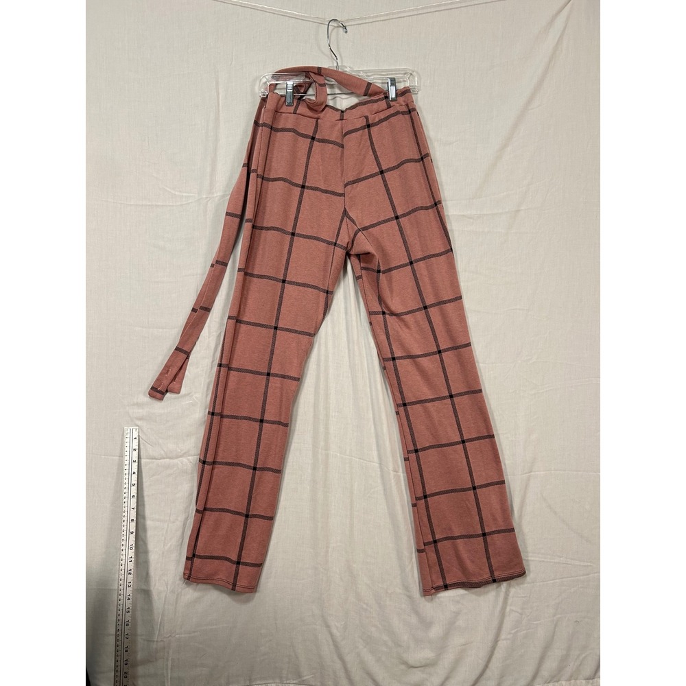 Rainbow Pink Black Windowpane Plaid Wide Leg Tie Waist High Rise Knit Pants